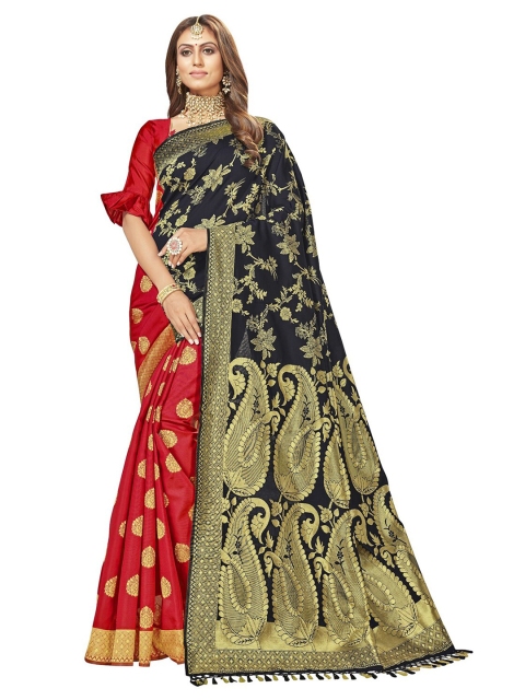 

MotiHamir Black & Gold-Toned Woven Design Zari Silk Blend Kanjeevaram Saree