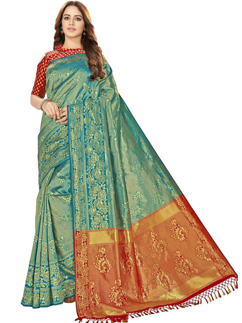 

MotiHamir Blue & Red Woven Design Zari Silk Blend Half and Half Banarasi Saree