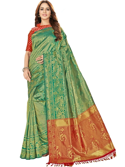 

MotiHamir Sea Green & Red Zari Silk Blend Banarasi Saree