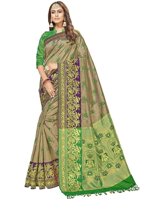 

MotiHamir Purple & Green Woven Design Zari Silk Blend Banarasi Saree