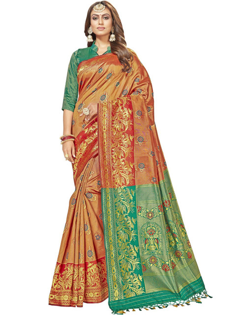 

MotiHamir Red & Green Woven Design Zari Silk Blend Heavy Work Banarasi Saree