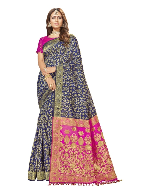 

MotiHamir Blue & Pink Woven Design Zari Silk Blend Heavy Work Banarasi Saree