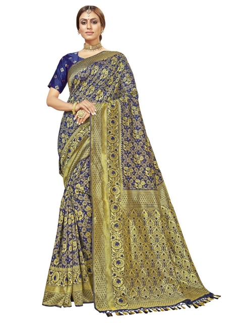 

MotiHamir Women Blue & Gold-Toned Woven Design Zari Silk Blend Banarasi Saree