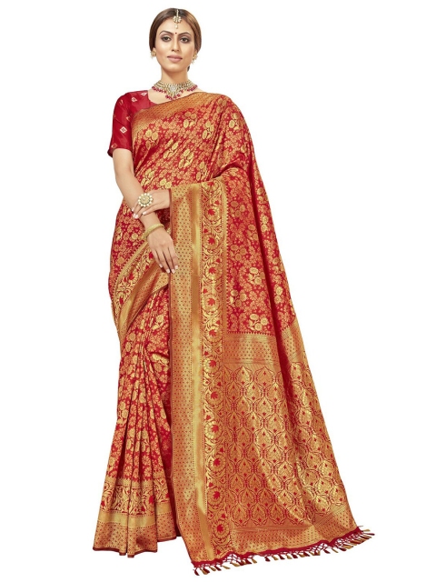 

MotiHamir Red & Gold-Toned Woven Design Zari Silk Blend Banarasi Saree