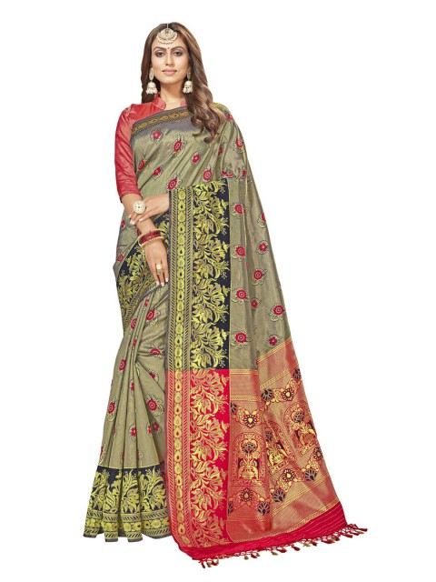 

MotiHamir Black & Pink Ethnic Motifs Zari Silk Blend Banarasi Saree