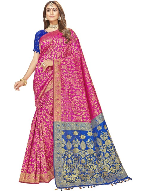 

MotiHamir Pink & Blue Woven Design Zari Silk Blend Heavy Work Banarasi Saree