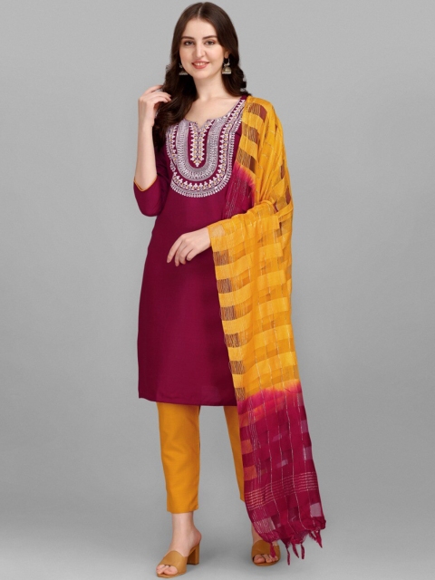 

MORLY Women Maroon Ethnic Motifs Patchwork Kurta with Trousers & With Dupatta