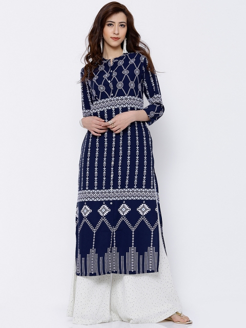 

Vishudh Women Navy Blue & White Printed Straight Kurta