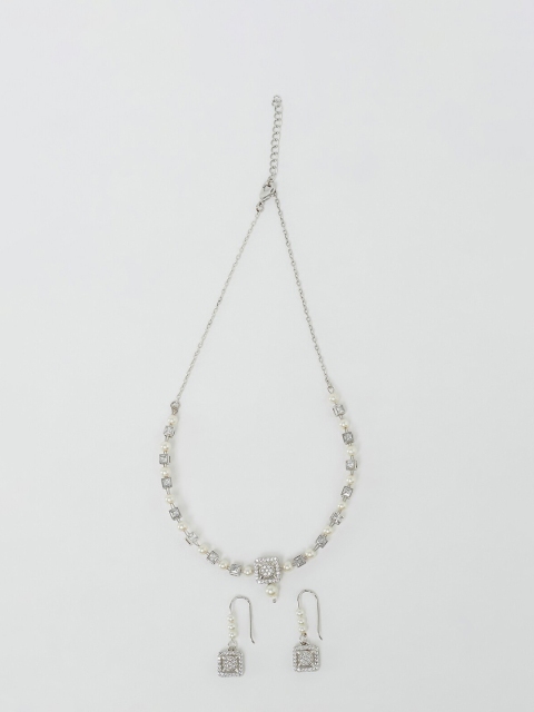 

Voylla Rhodium-Plated Silver Coloured & White CZ Studded Jewellery Set