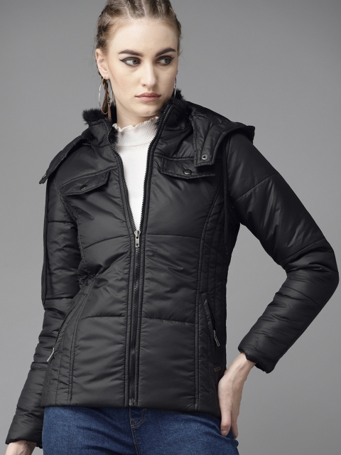 

Roadster Women Black Solid Hooded Parka Jacket