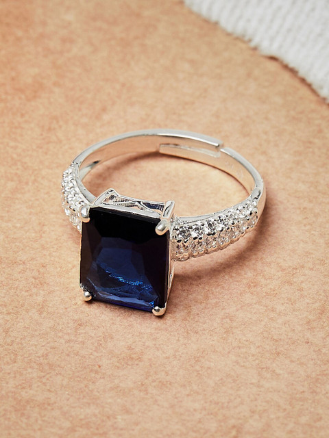 

Voylla Sterling Silver-Plated Blue Stone Studded Adjustable Finger Ring