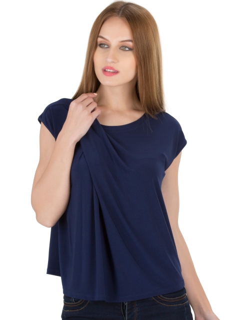 

Kazo Women Navy Solid Pleated Top, Navy blue
