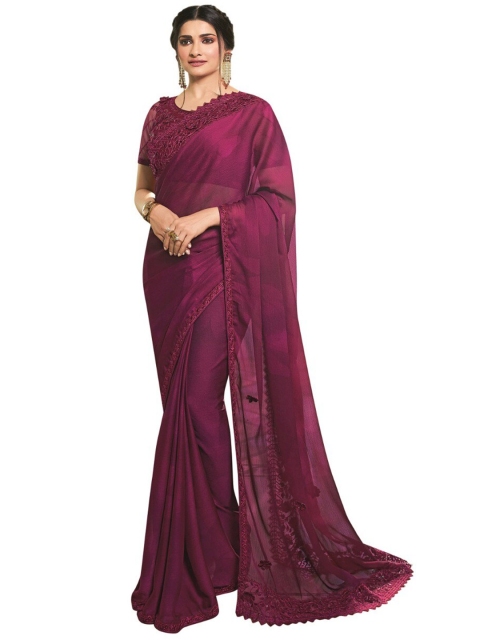Zainab chottani Women Purple Floral Embroidered Pure Chiffon Saree
