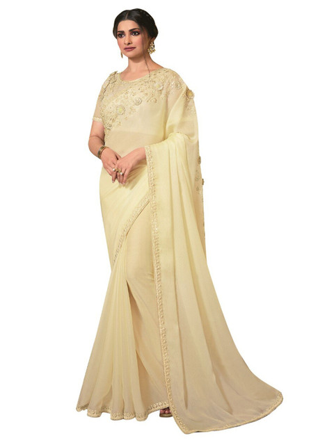 

Zainab chottani Off White Floral Embroidered Pure Chiffon Block Print Saree