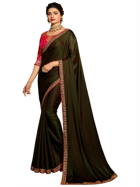 

Zainab chottani Olive Green & Pink Embroidered Border Saree