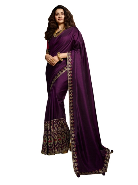

Zainab chottani Purple & Gold-Toned Floral Embroidered Block Print Saree