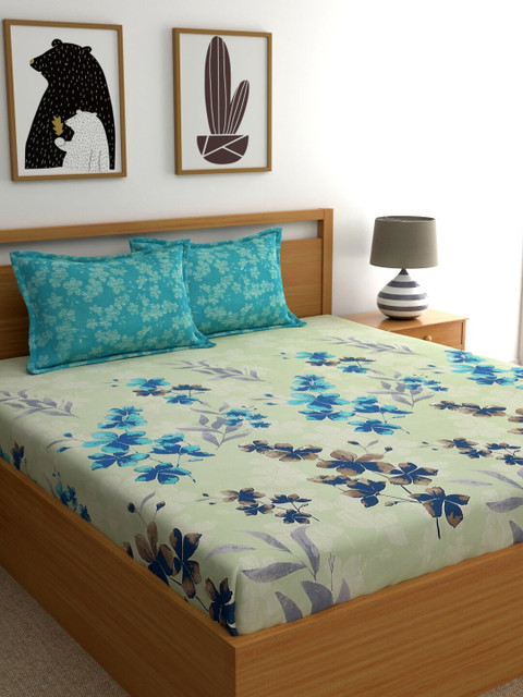 

Home Ecstasy Turquoise Blue 140tc Cotton Floral King Fitted Bedsheet with 2 Pillow Cover