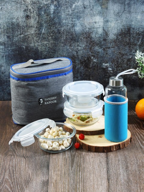 

Sanjeev Kapoor Set Of 4 Transparent & Blue Solid Lunch Box With Water Bottle