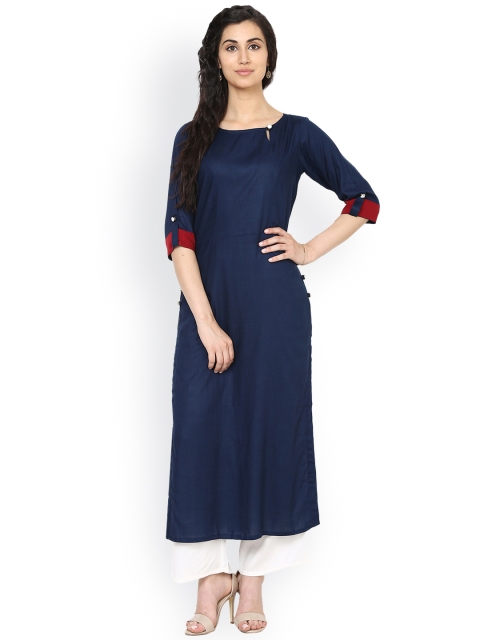 

Aujjessa Women Navy Solid Straight Kurta, Navy blue