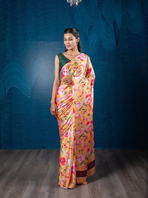 

Exclusiva Yellow & Pink Floral Digital Print Saree