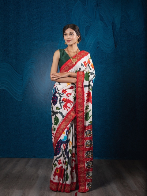Exclusiva Women Off White & Red Floral Silk Blend Patola Saree