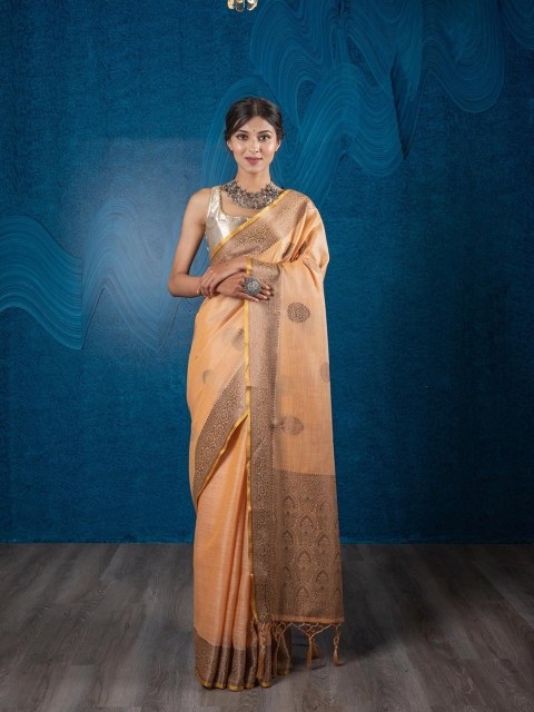 

Exclusiva Orange & Gold-Toned Floral Linen Blend Banarasi Saree