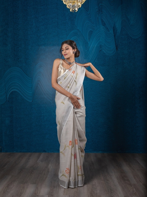 

Exclusiva Grey & Peach-Coloured Floral Linen Blend Saree
