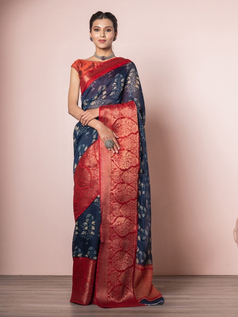 

Exclusiva Blue & Gold-Toned Woven Design Zari Linen Blend Saree