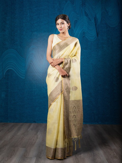 

Exclusiva Yellow & Gold-Toned Woven Design Zari Linen Blend Banarasi Saree
