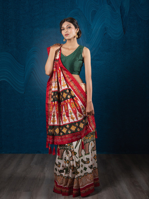 

Exclusiva White & Red Silk Blend Patola Saree