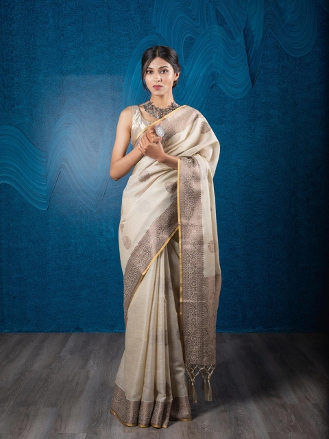 

Exclusiva Beige & Gold-Toned Floral Zari Linen Blend Banarasi Saree