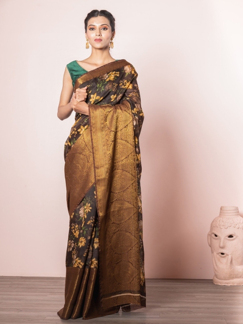 

Exclusiva Brown & Green Floral Zari Linen Blend Saree