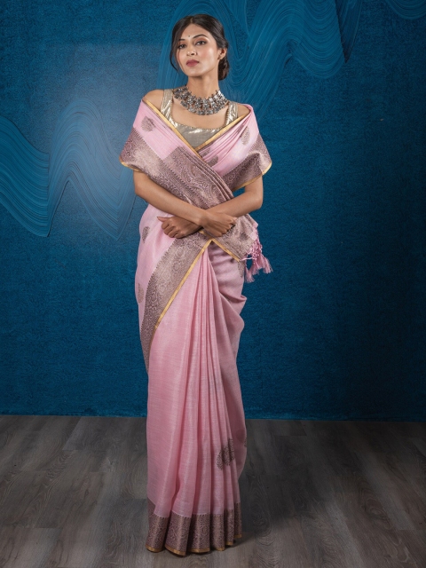 

Exclusiva Pink & Gold-Toned Ethnic Motifs Zari Linen Blend Banarasi Saree
