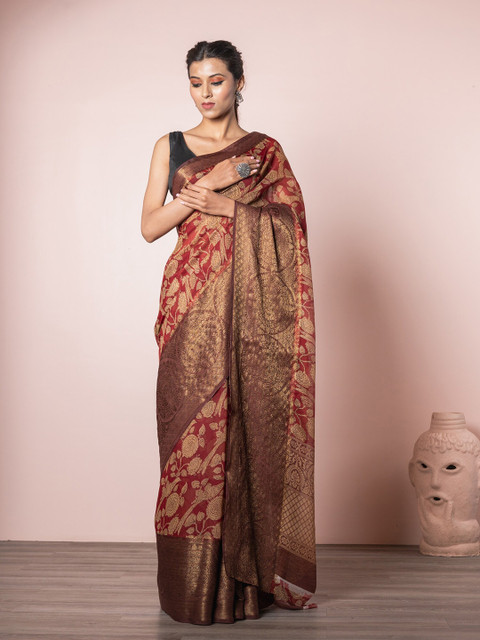 

Exclusiva Red & Gold-Toned Floral Zari Linen Blend Saree