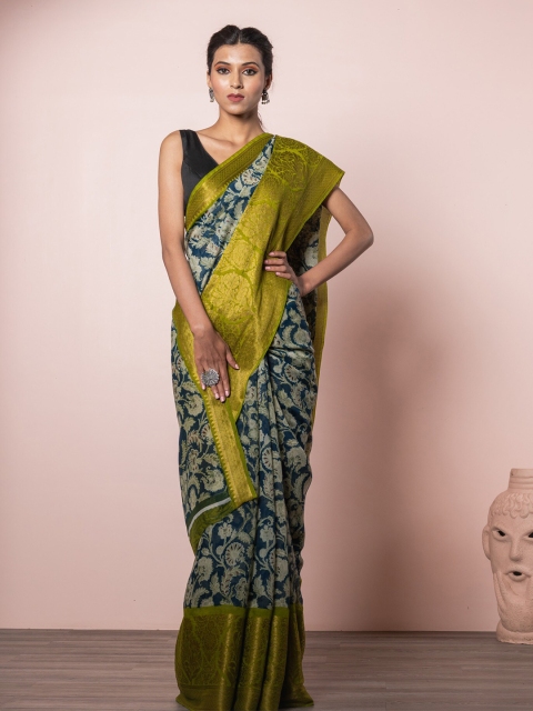 

Exclusiva Blue & Gold-Toned Floral Linen Blend Saree