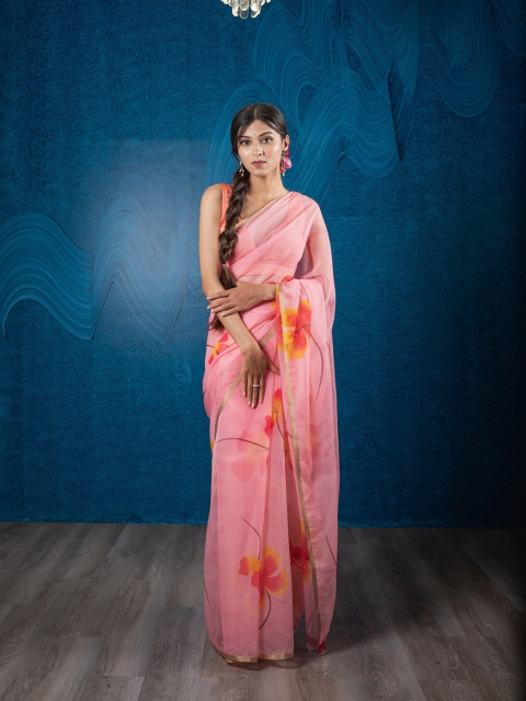 

Exclusiva Pink & Peach-Coloured Floral Organza Saree