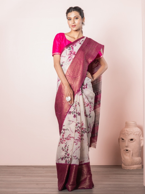 

Exclusiva Off White & Pink Floral Linen Blend Saree