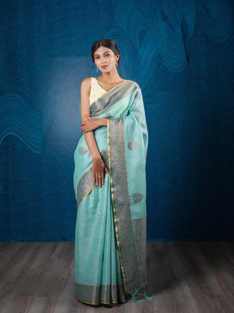 

Exclusiva Blue & Gold-Toned Woven Design Linen Blend Banarasi Saree