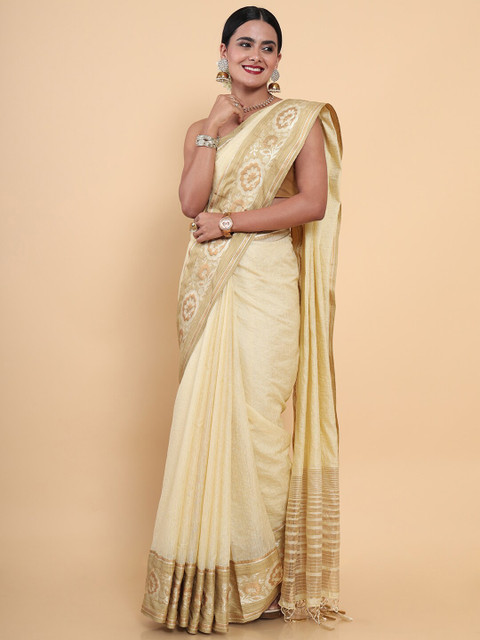 

MIMOSA Cream-Coloured Floral Zari Linen Blend Kasavu Saree