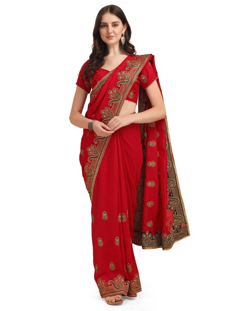 

Vaidehi Fashion Women Red Floral Embroidered Silk Blend Saree