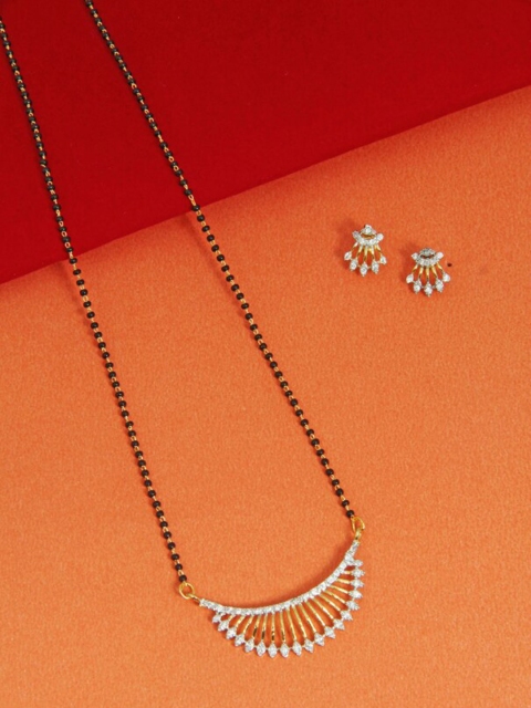 

FEMMIBELLA Gold-Plated White & Black AD-Studded & Beaded Mangalsutra