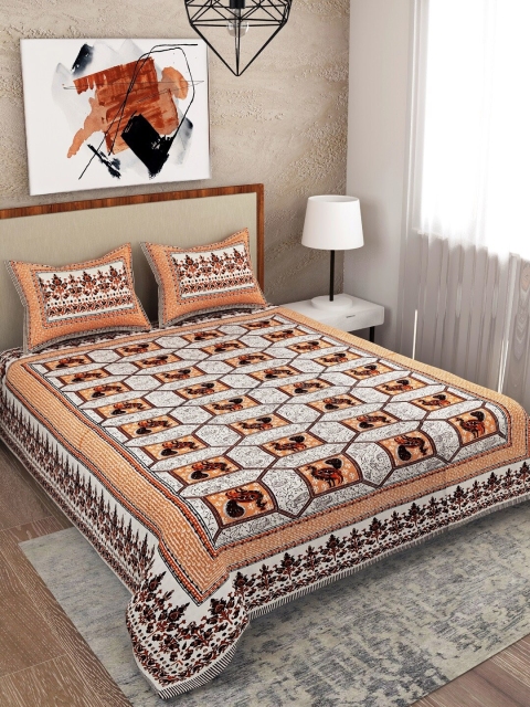 

Salona Bichona Orange Floral 120 TC Pure Cotton Queen Bedsheet with 2 Pillow Covers