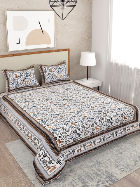 

Salona Bichona Brown & Off White Floral 120 TC Queen Bedsheet with 2 Pillow Covers