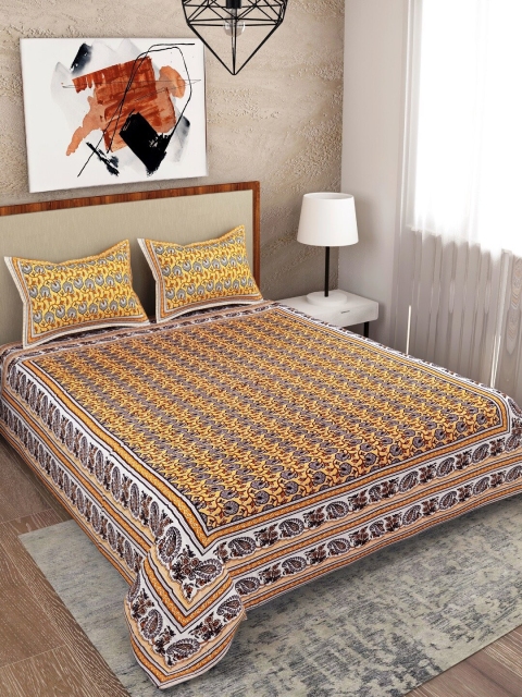 

Salona Bichona Biege Printed 120 TC Double Bedsheet, Turquoise blue