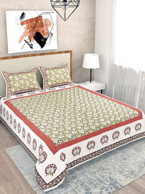 

Salona Bichona Green Floral 120 TC Pure Cotton Queen Bedsheet with 2 Pillow Covers