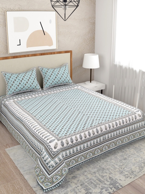 

Salona Bichona White & Green Floral 120 TC Queen Bedsheet with 2 Pillow Covers