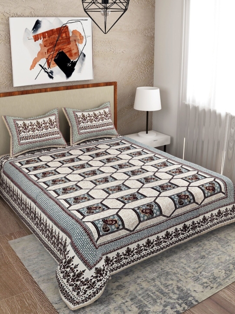 

Salona Bichona Grey & Cream-Coloured 120 TC Queen 100% Cotton Bedsheet & 2 Pillow Covers