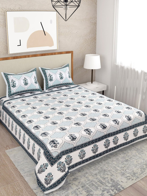 

Salona Bichona Turquoise Blue & Off White Floral 120 TC Queen Bedsheet with 2 Pillow Covers