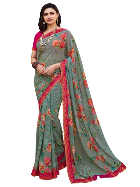 

Zainab chottani Grey & Red Floral Pure Georgette Block Print Saree