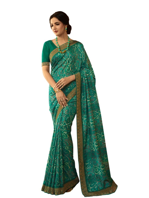

Zainab chottani Green & Gold Ethnic Motifs Pure Georgette Block Print Saree